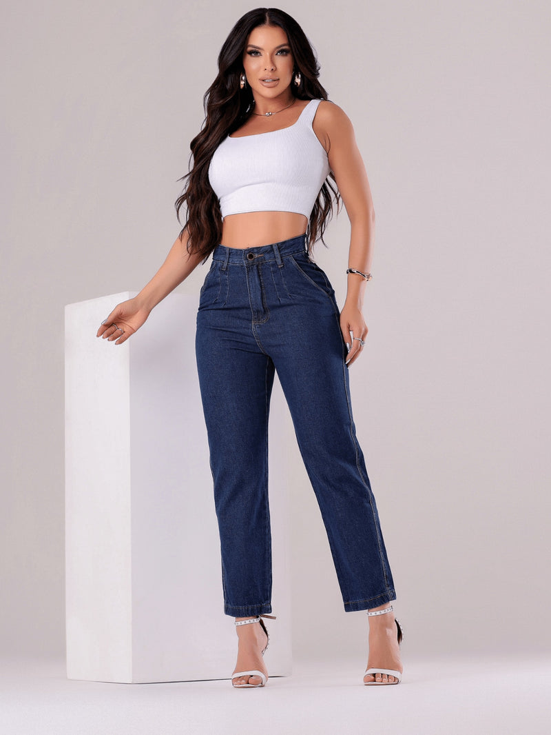 Calça Jeans Feminina Mom Básica Escura Cos Alto Aguilera