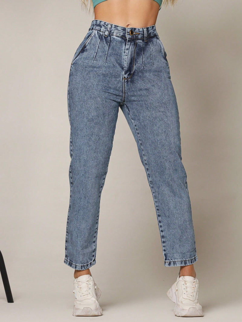 Calça Jeans Feminina Mom Básica Escura Cos Alto Aguilera