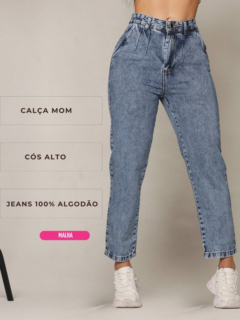 Calça Jeans Feminina Mom Básica Escura Cos Alto Aguilera