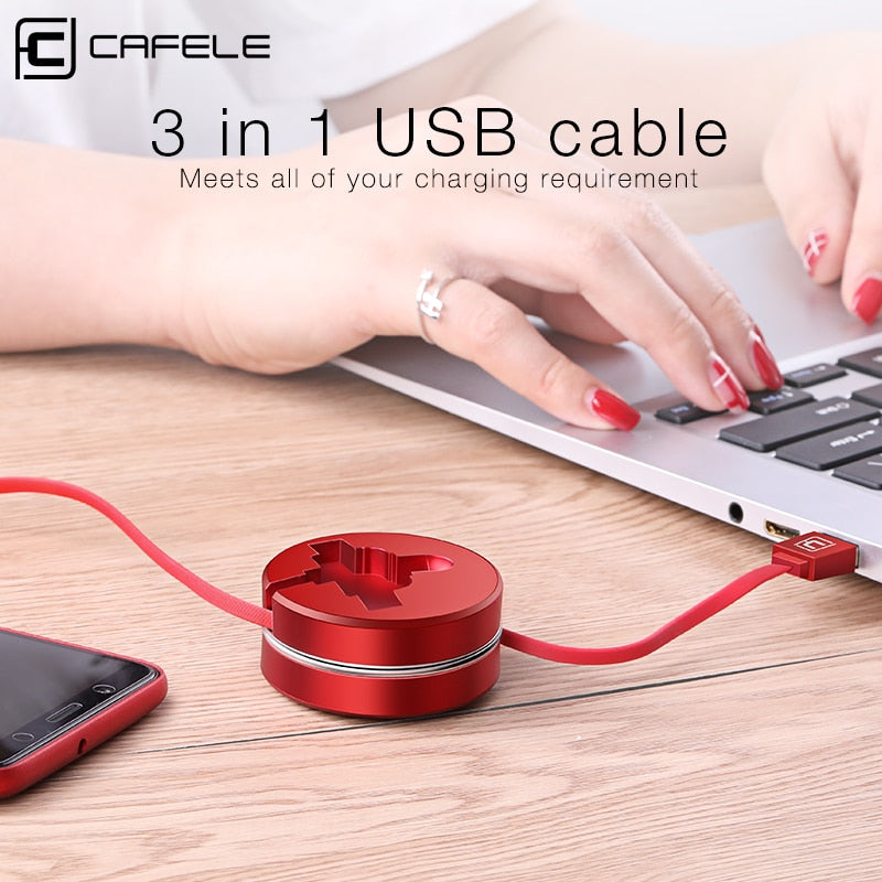 Cabo retratil 3 em 1 USB - Tipo C / IPhone / Micro USB