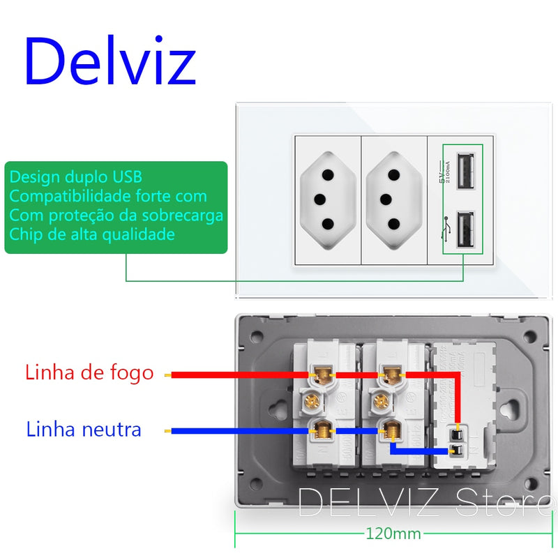 Tomada dupla com duas portas USB em Vidro temperado 110-250V